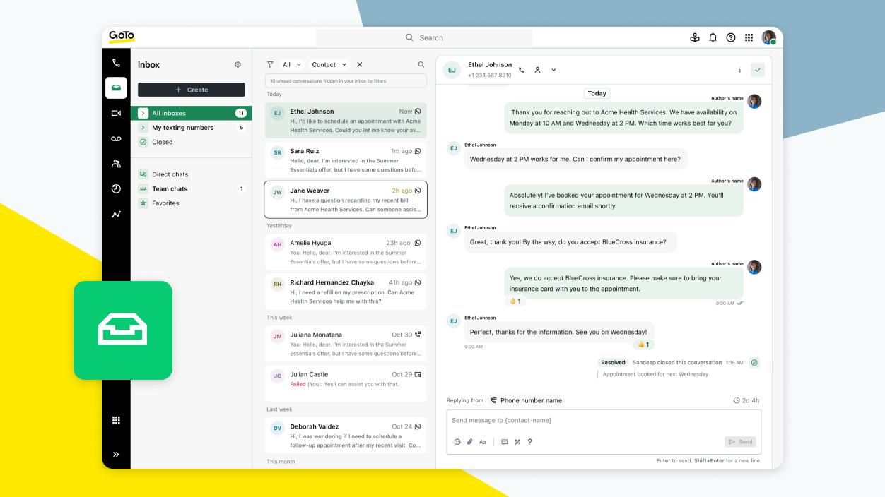 Atualização da interface da caixa de entrada do GoTo Connect, com melhorias de desempenho e design para a gestão de mensagens.