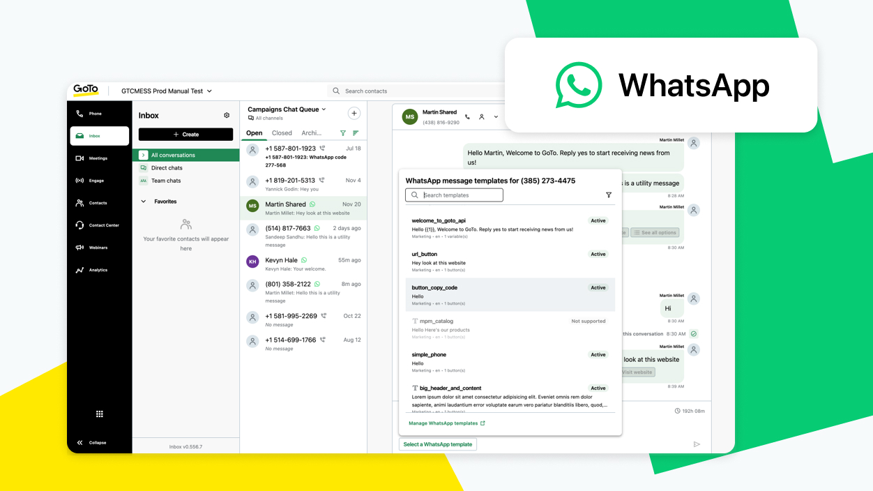 Captura de tela da interface do GoTo Connect WhatsApp Outbound Messaging para conversas com clientes.