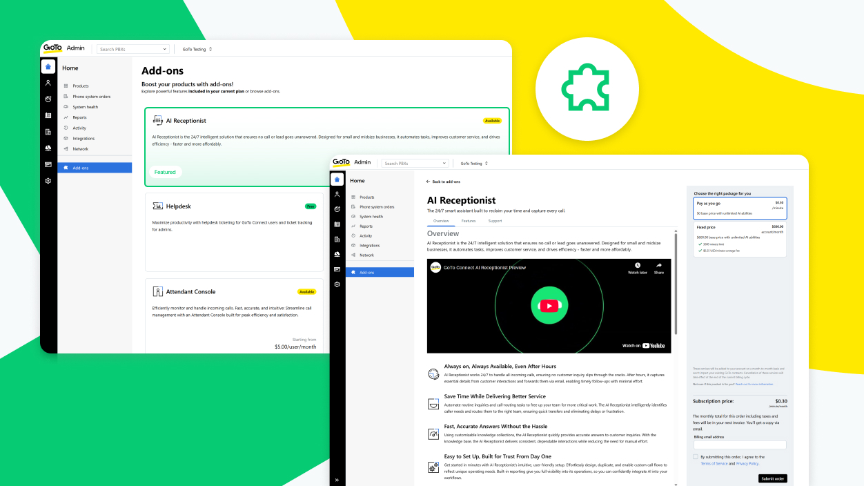 Interface de administração do Portal de Autoatendimento do GoTo Connect mostrando as opções de descoberta e compra de complementos.