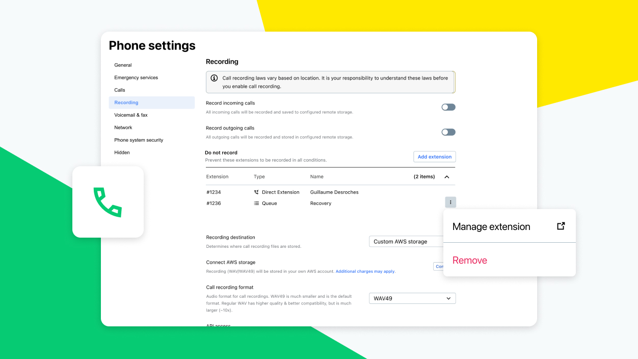 Página de configurações de telefone do GoTo Connect para configurar a lista "Nunca gravar" e as opções de privacidade de chamadas.