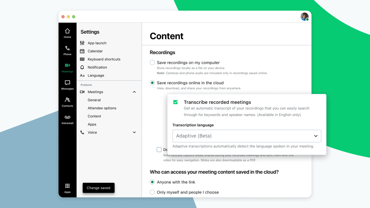 Interface da página de configurações do GoTo Meeting mostrando o recurso de transcrição de reuniões em vários idiomas.