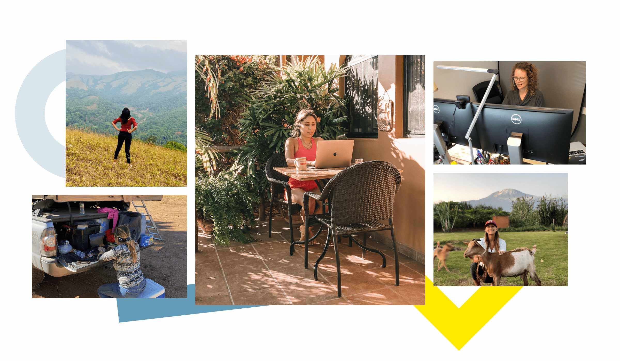 Colagem de imagens relacionadas a um local de trabalho flexível e predominantemente remoto.