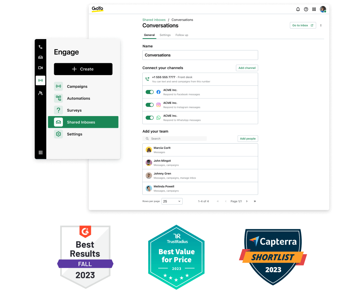 Com o premiado recurso de caixas de entrada compartilhadas do GoTo Connect, localizado na página "Conversas", é possível conectar canais, como SMS e redes sociais, e adicionar integrantes da equipe.