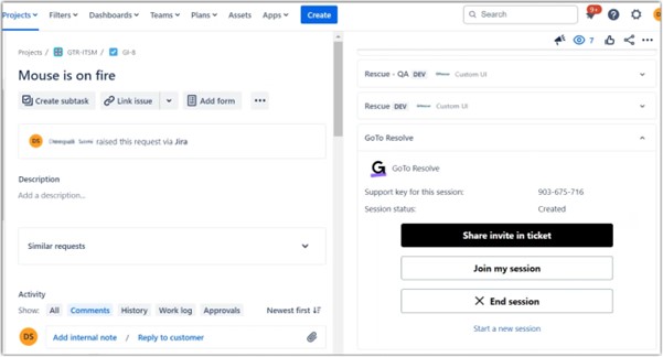Captura de tela do Jira com o aplicativo do GoTo Resolve à direita.