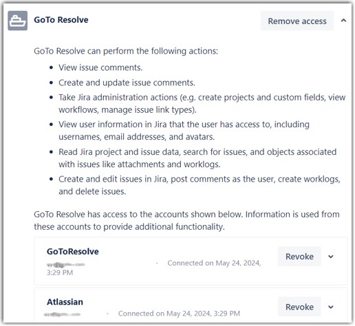 Captura de tela das opções de acesso do GoTo Resolve no Jira.