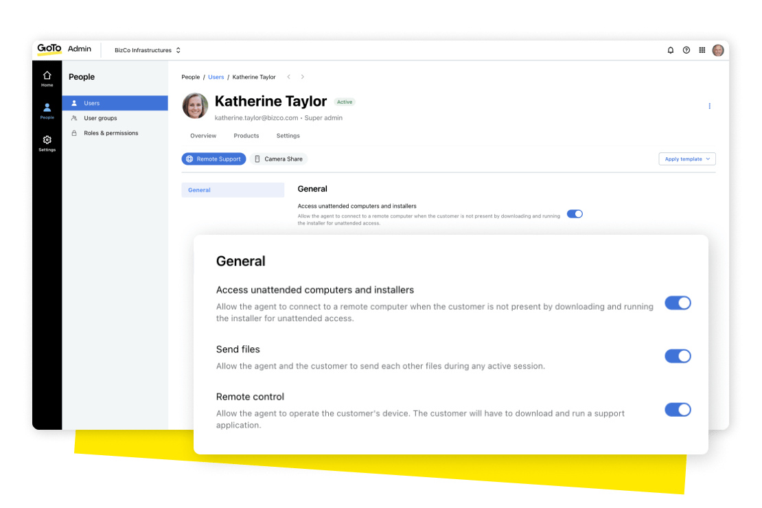 O GoTo Admin simplifica o processo de configuração personalizando as permissões no nível do agente e gerenciando as configurações dos usuários.
