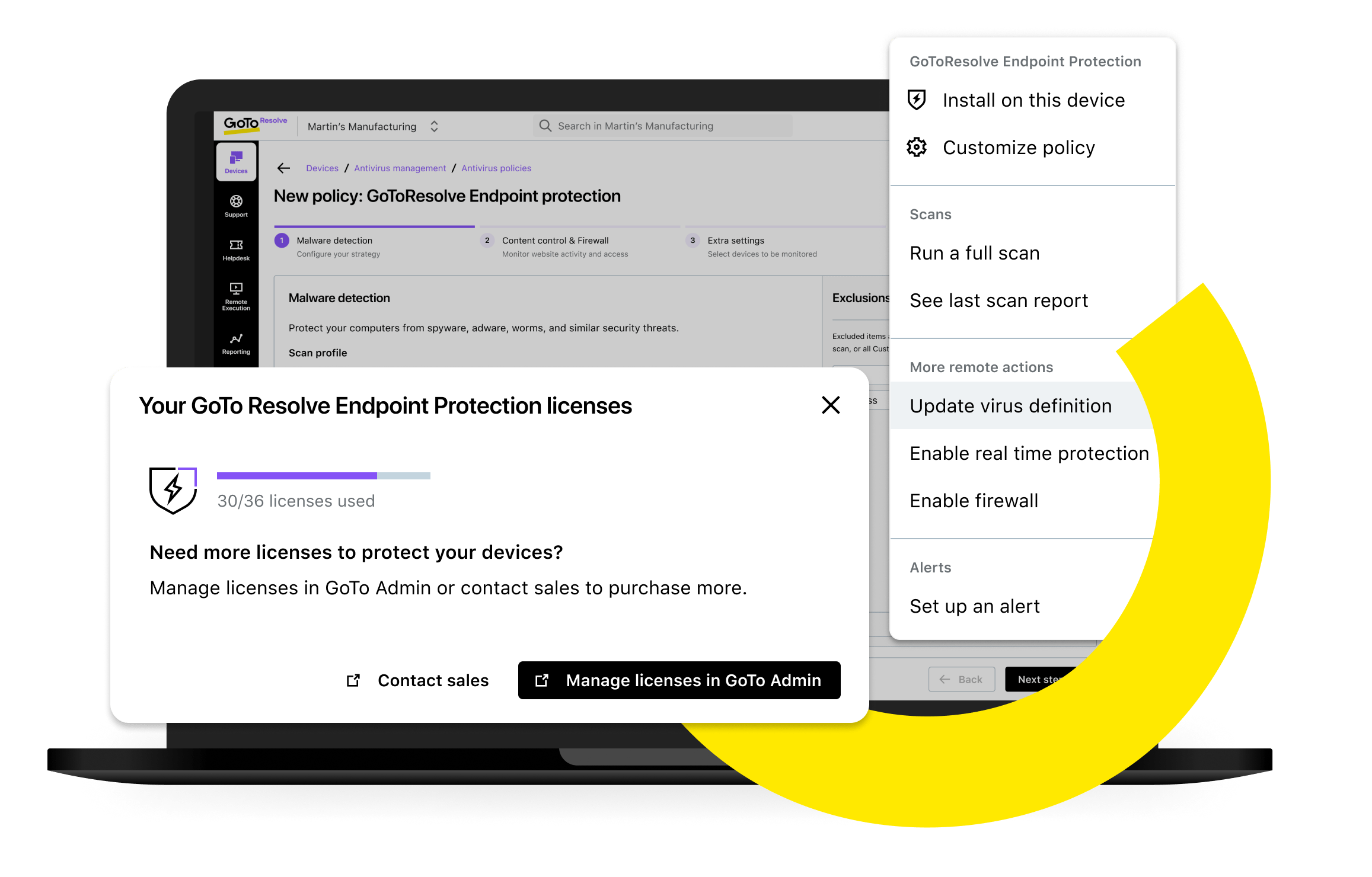 Tela do painel da proteção a terminais do GoTo Resolve, com janela de gestão de licenças e configurações.
