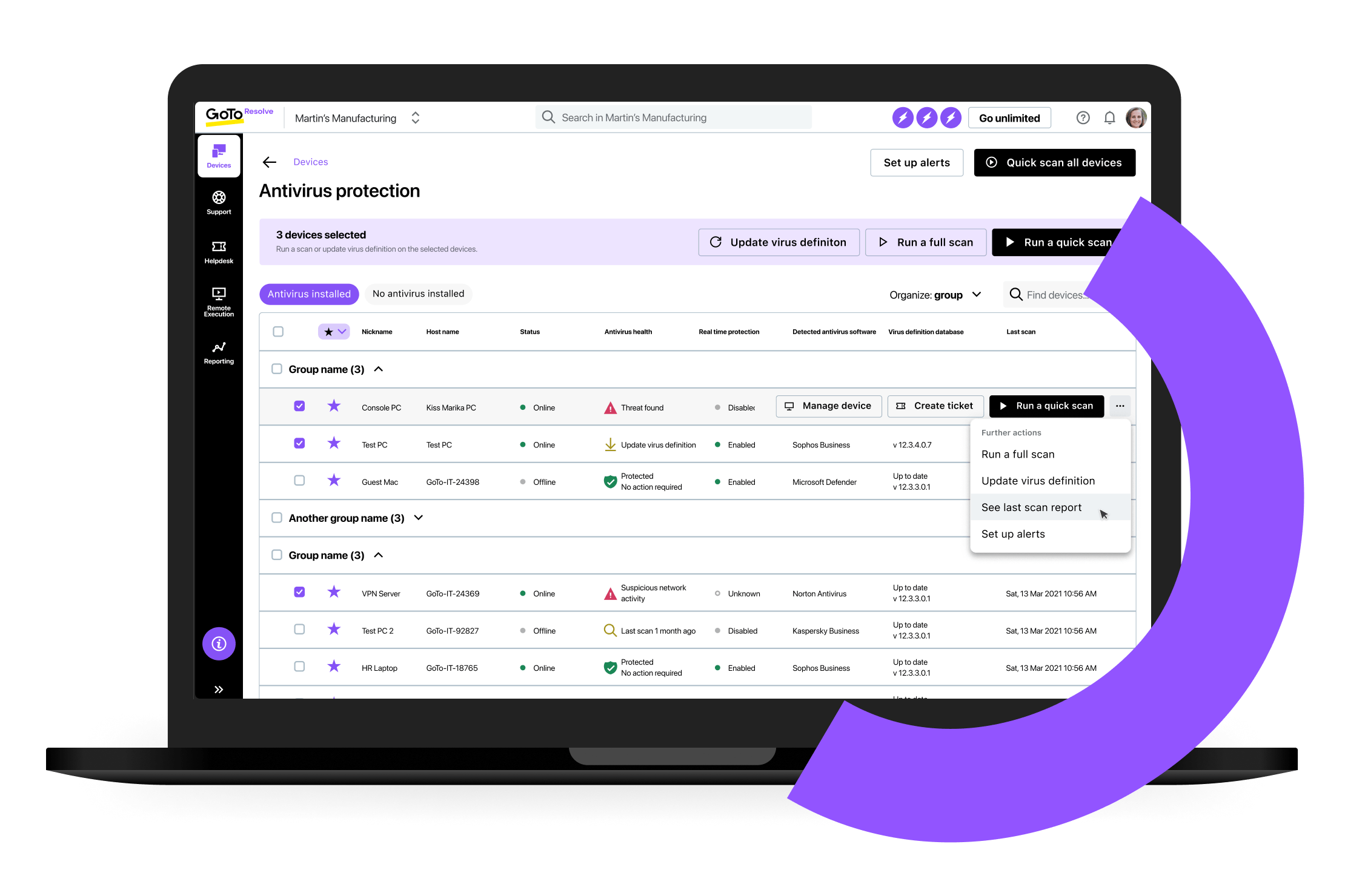 Screen view of GoTo Resolve’s “Devices” overview screen, showing all endpoints and their antivirus updates.