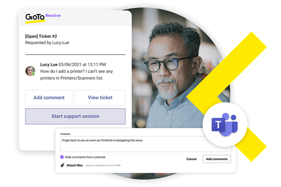 Interface do GoTo Resolve mostrando um tíquete de suporte aberto; logotipo do Microsoft Teams mostrando a integração entre o GoTo Resolve e ferramentas de mensagens renomadas.