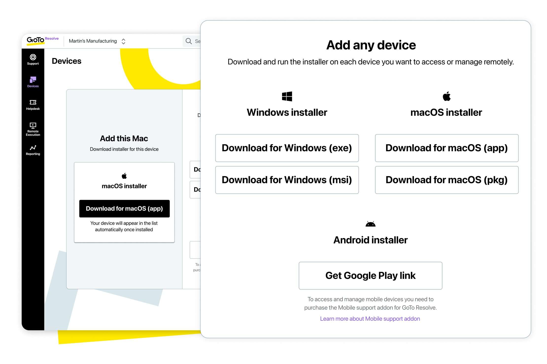 Implante os dispositivos individualmente ou em massa em todo o seu ambiente. Sinalize ou agrupe dispositivos para facilitar o acesso. Isso se aplica a todos os seus dispositivos Windows, Mac e (em breve) Android.