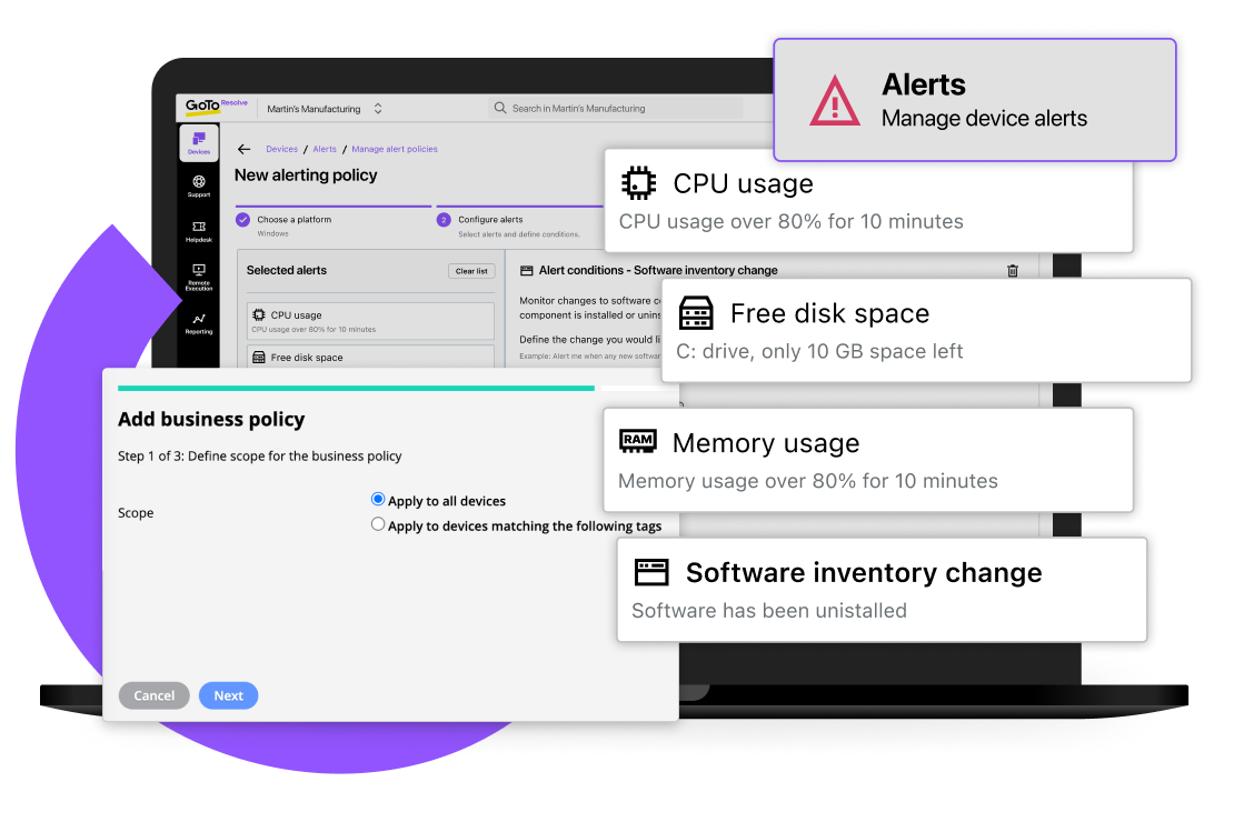 Screen view of real -time, critical system alerts about computer health and hardware changes with Free RMM software.