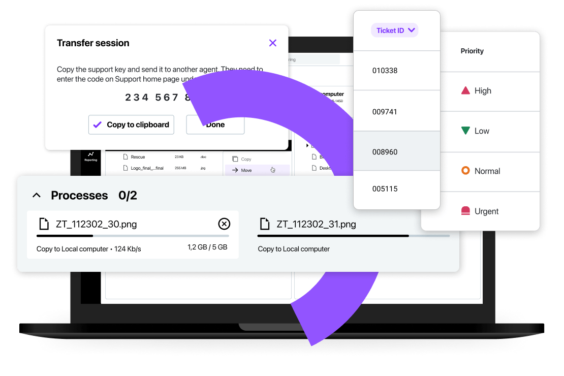 Software de RMM com acesso em segundo plano, automação de TI, alertas proativos, colaboração entre agentes e gestão de diversas sessões.