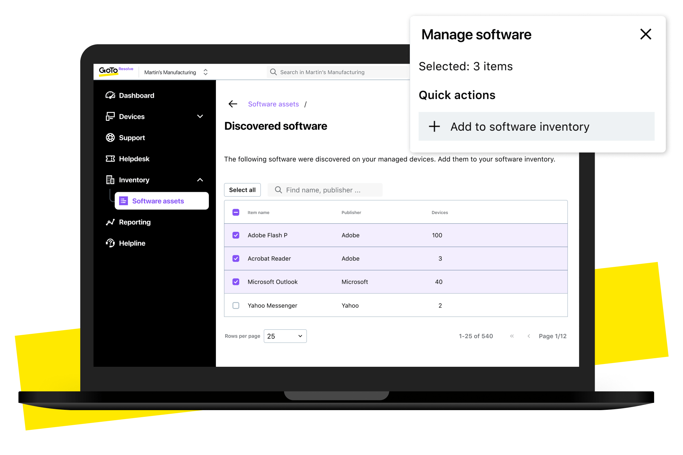 Showing GoTo Resolve automated software discovery interface, displaying system information, and management options.
