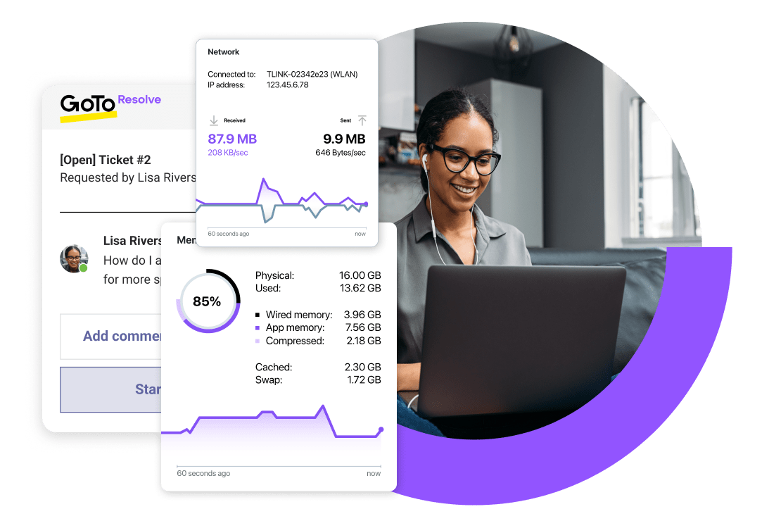 Agente de TI usando os recursos de RMM, helpdesk e suporte a dispositivos móveis do GoTo Resolve.