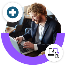 Profissional usando o LogMeIn Rescue para prestar suporte remoto a dispositivos e ícone do logotipo do Rescue.