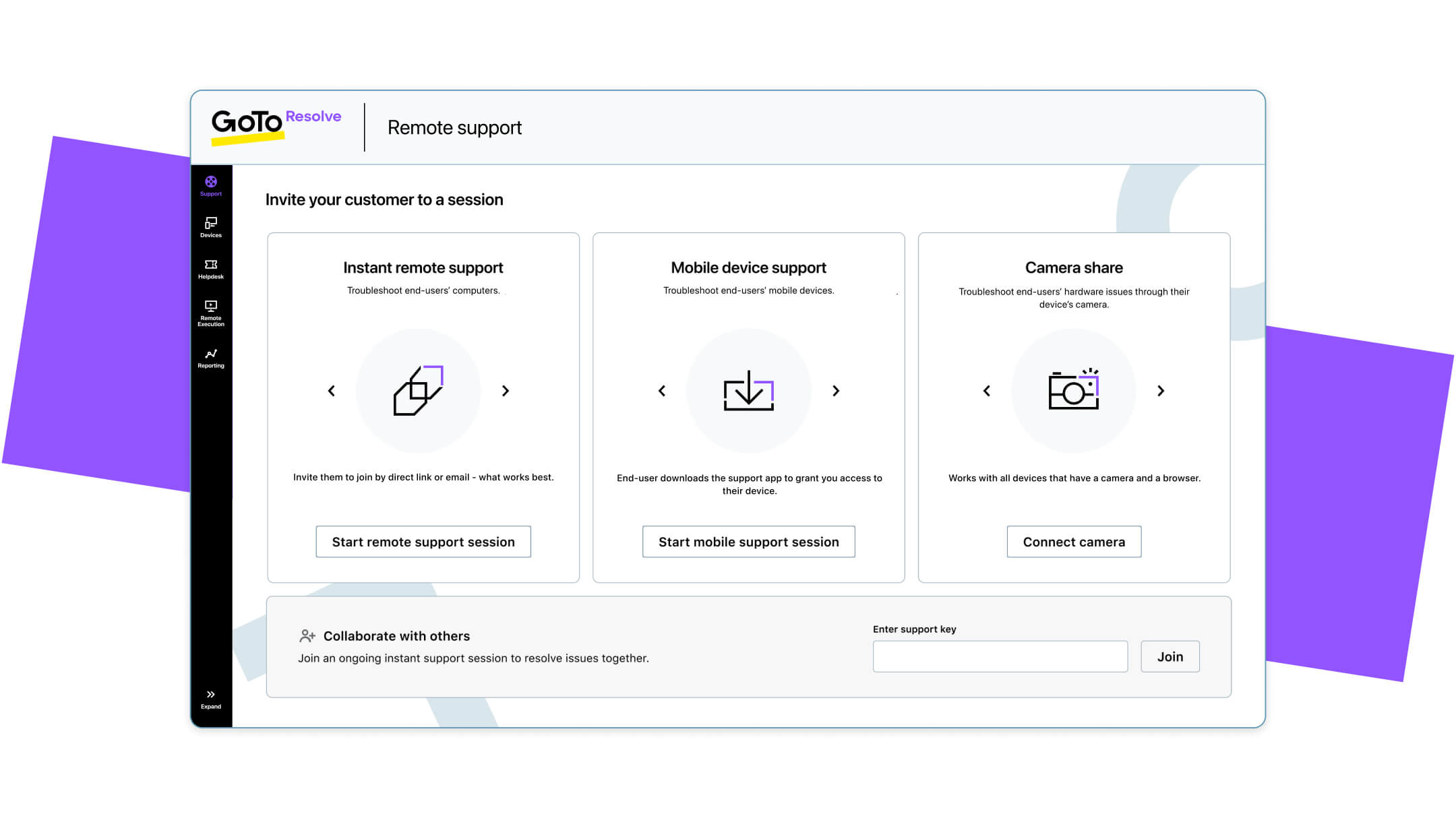 GoTo Resolve dashboard showing remote support options including direct link, email, mobile app, and device camera integration.  Click to play video.