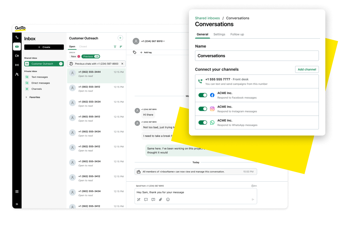 A chat interface showcasing an effective interaction between a business owner and a customer through a modern, cloud-based phone system across multiple channels.