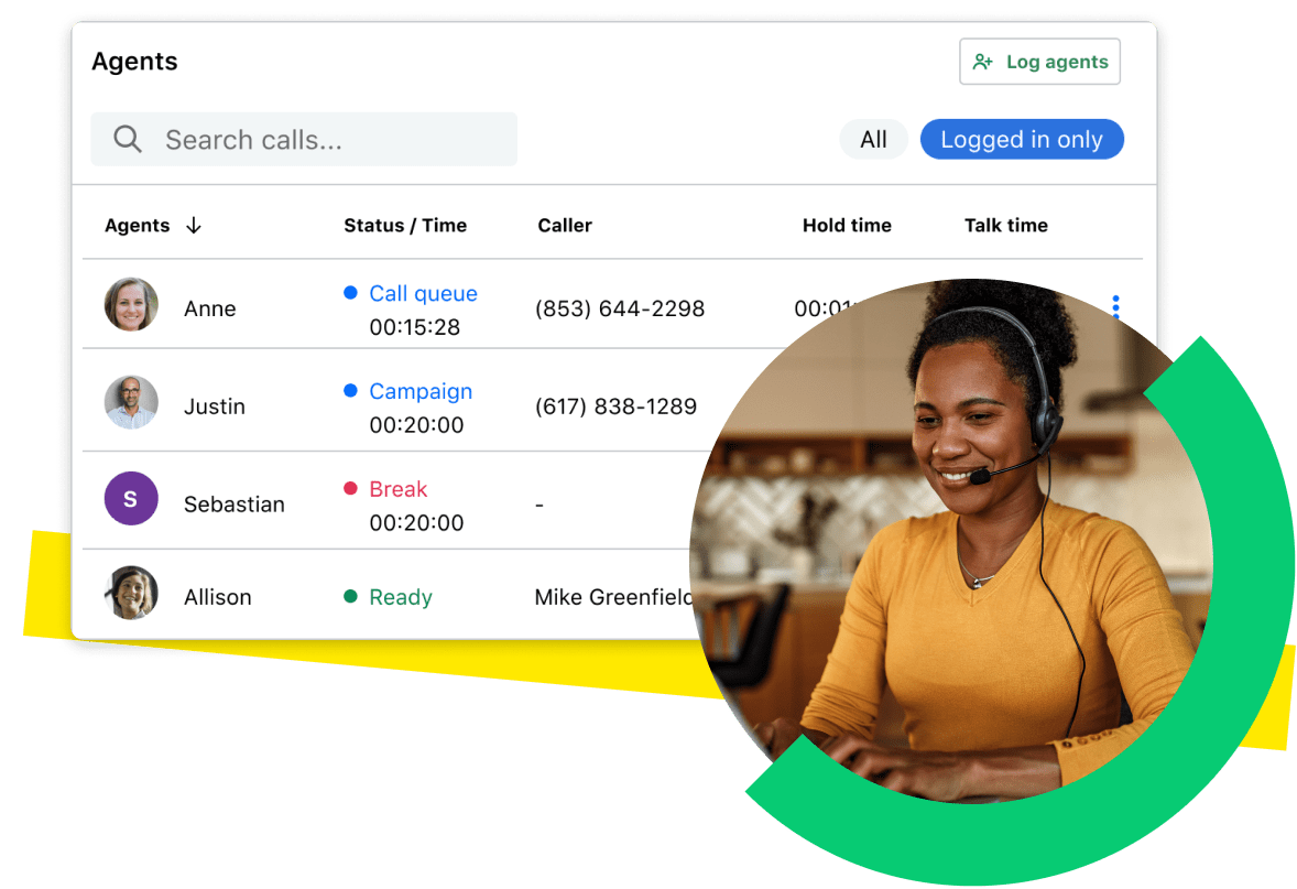 Tech support person checking her dashboard, showing a list of agents and their current status in the call queue, including whether they’re logged in or on break.
