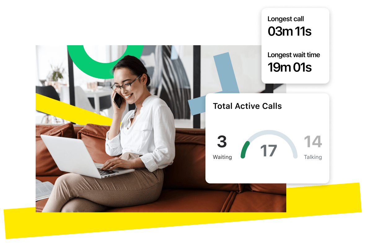 Woman enjoying herself on the phone, while showing how GoTo Connect can track active calls and average call statistics.