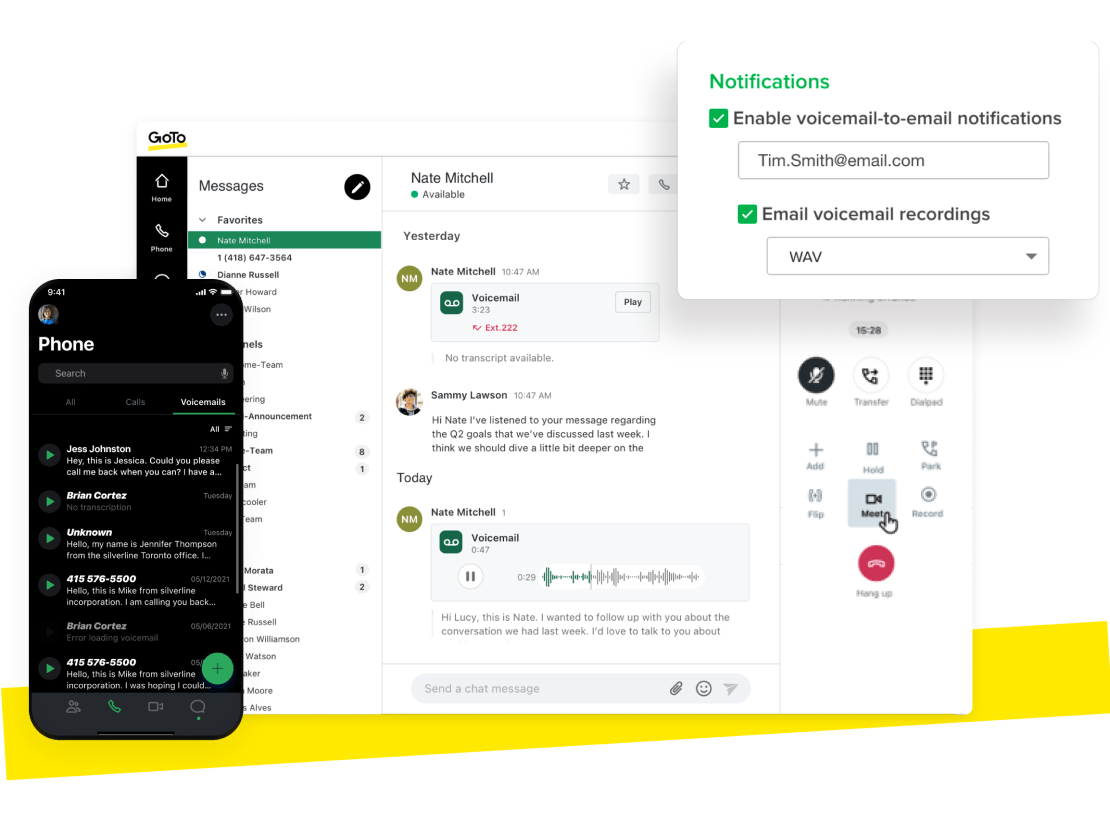 Collage of GoTo Connect voicemail inbox on computer and mobile interfaces. 