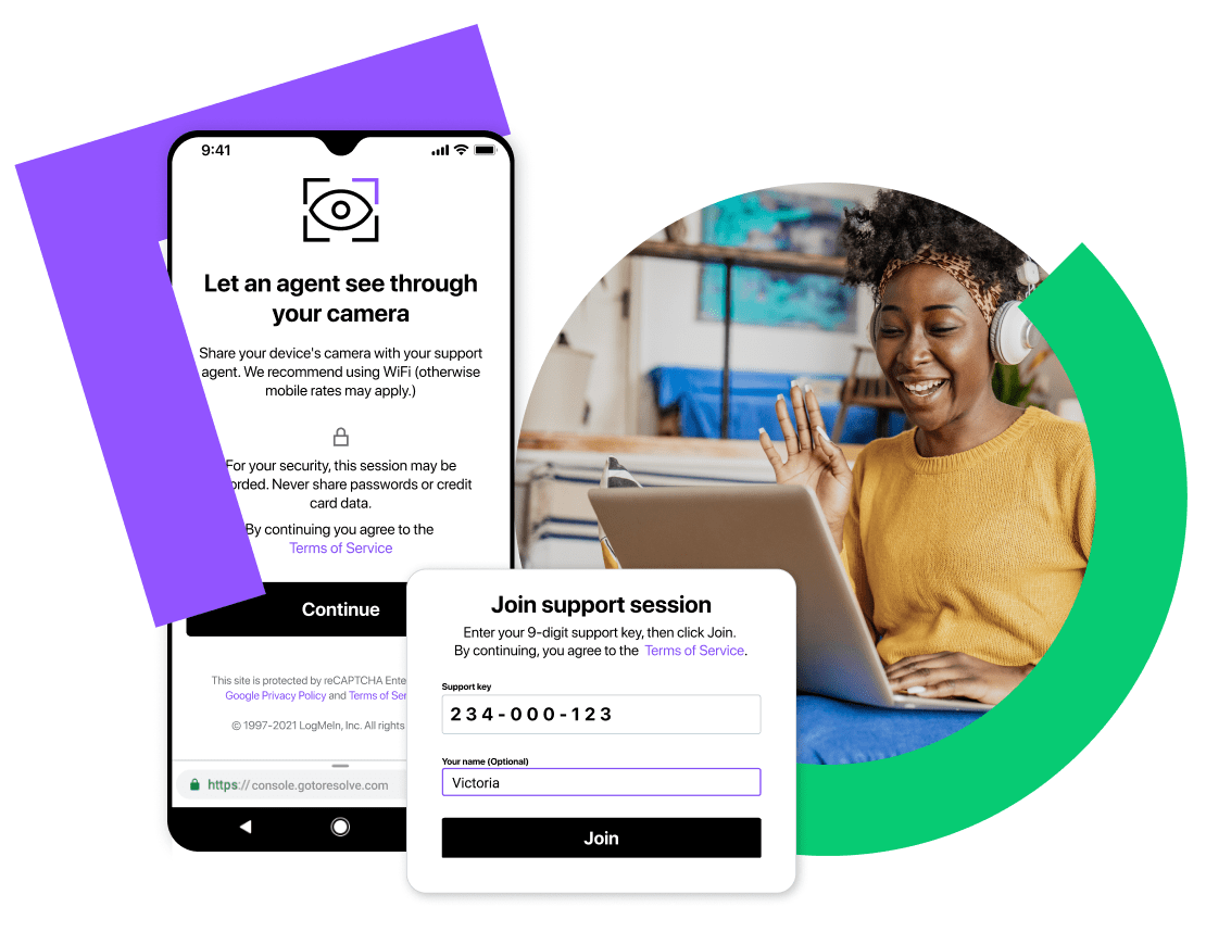 Collage showing a mobile tech support session being joined, with security options to give the support agent access to the customer’s phone camera.