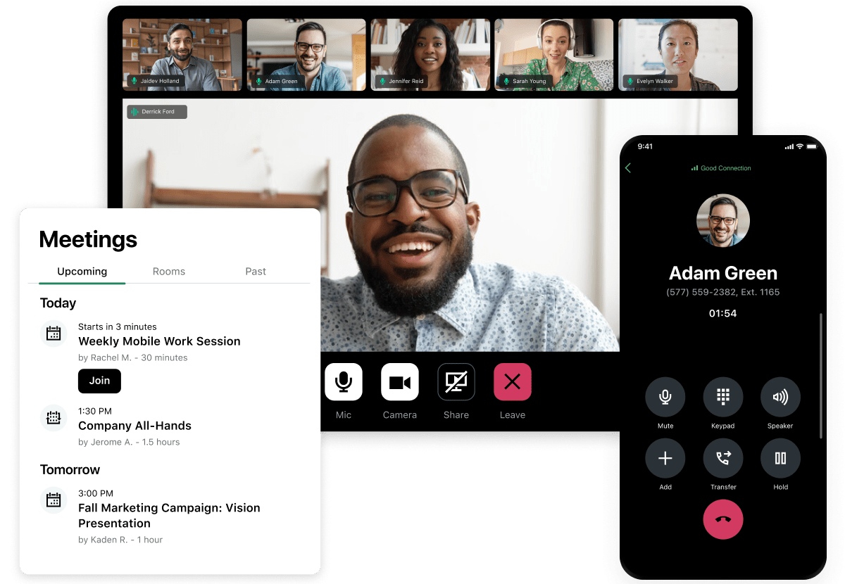 Reuniões e conferências gerenciadas pelo GoTo Connect em dispositivos móveis e desktop.