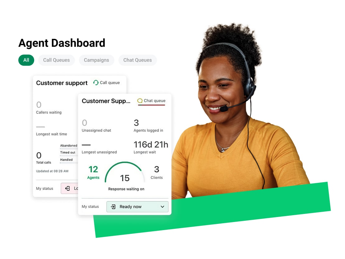 Colagem mostrando como o GoTo Contact torna a administração mais fácil para os agentes.