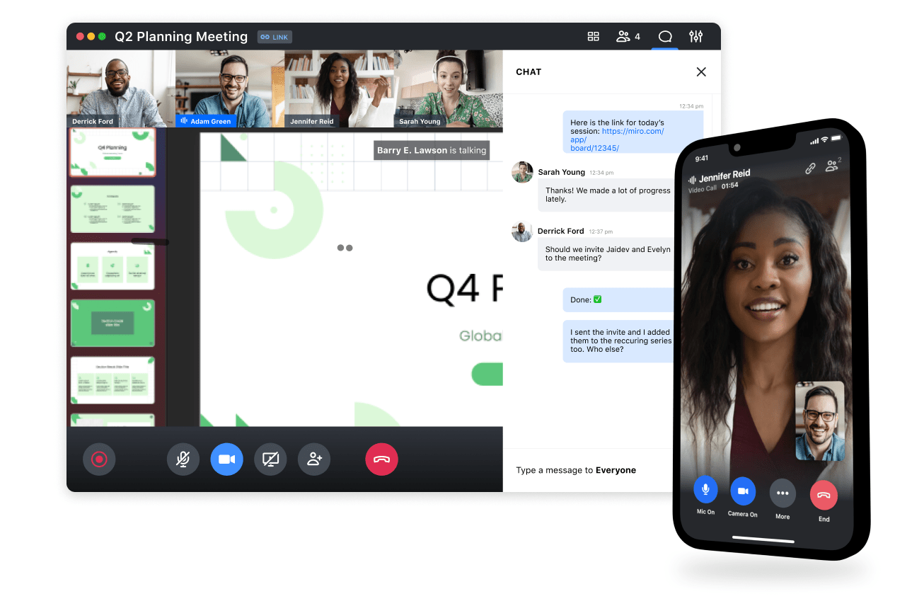 A conference call with all remote attendees, showing a planning meeting attended on desktop and mobile.