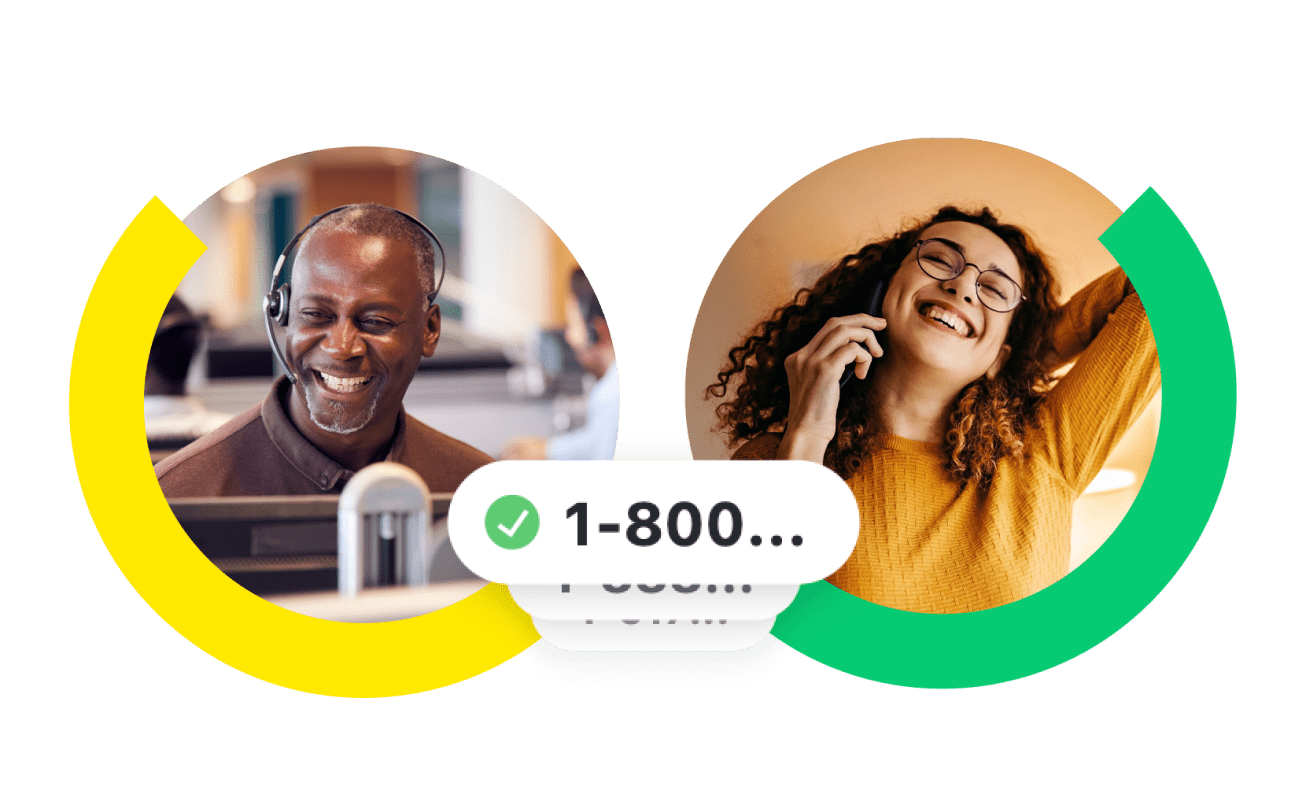 Two employees enjoying themselves on a call. One employee is on his headset, and the other on her personal phone.