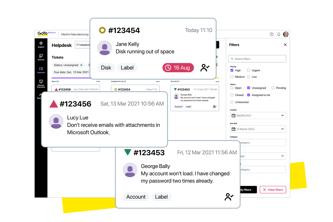 Admin console view of GoTo Resolve's ticket interface and tools.