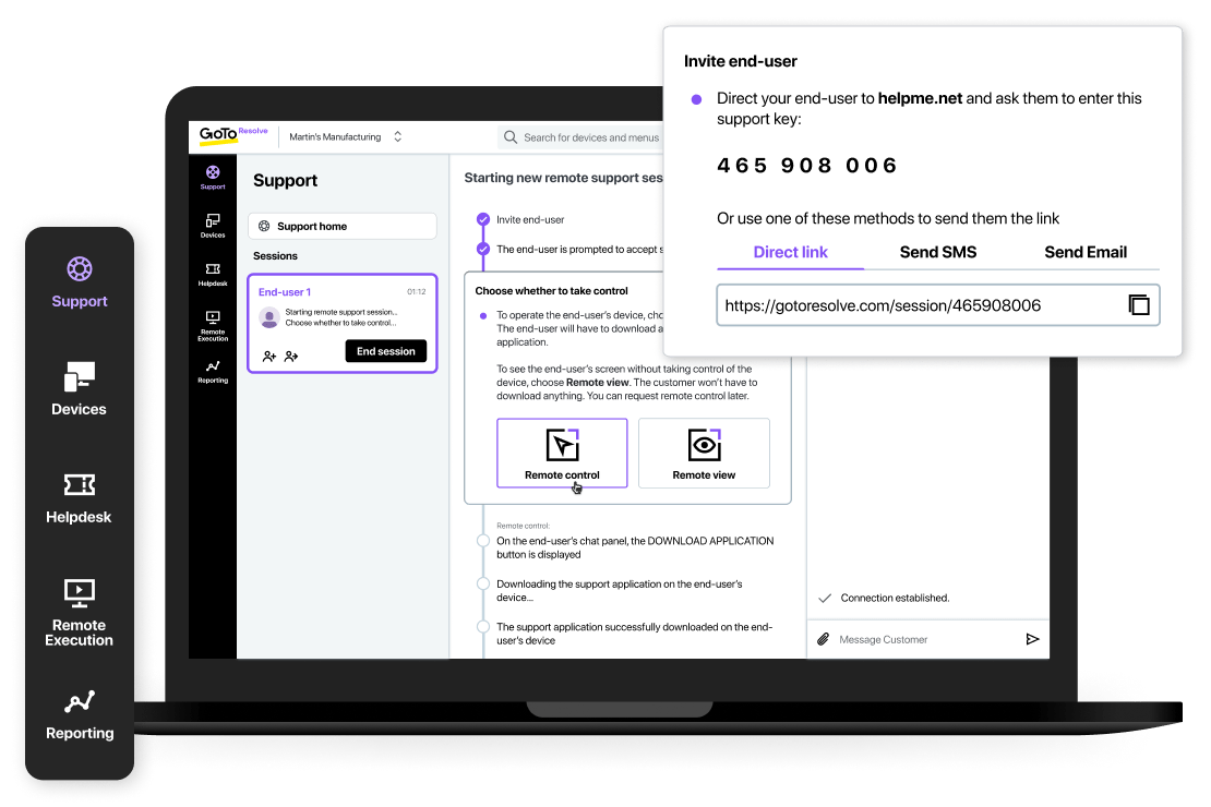 Admin console view of GoTo Resolve's remote support feature in the process of starting a new remote support session