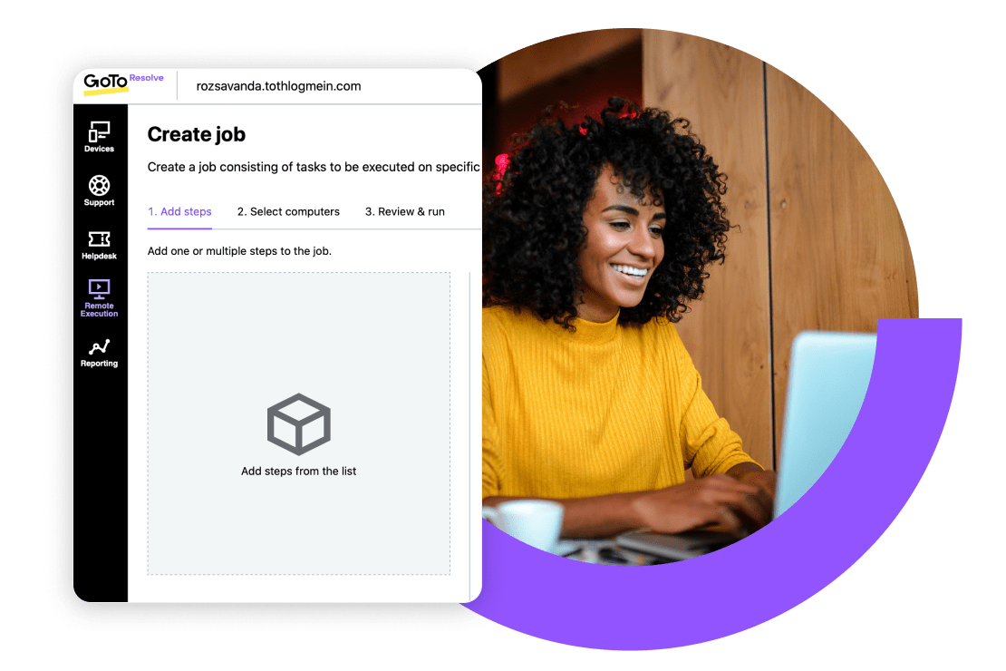 View of GoTo Resolve's user interface in the Remote Execution tool where users can add steps, select computers and review & run tasks