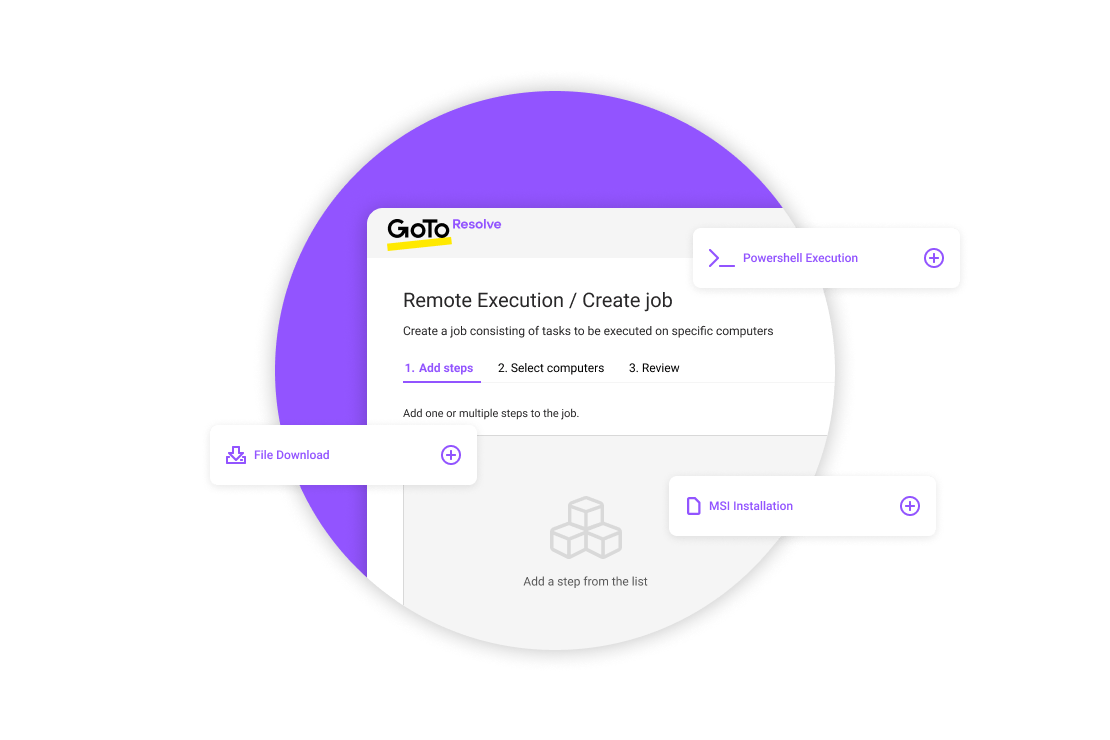 Visual of GoTo Resolve's remote execution feature options including Powershell Execution, File Download, and MSI Installation