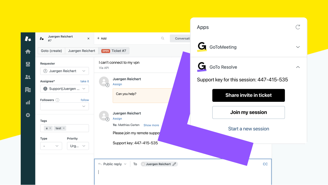 Screens showing a Zendesk ticket and the option to open a GoTo Resolve session for the ticket.