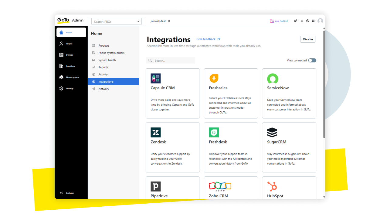 Captura de tela das integrações do GoTo Connect, demonstrando como as ferramentas de tecnologia ficam reunidas.