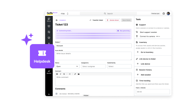 Painel de controle do Helpdesk para o GoTo Resolve mostrando o aumento de produtividade que a inovação e a automação orientadas por IA oferecem.