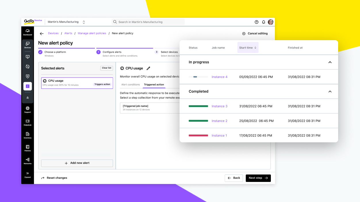 Screens showing a pre-defined resolution being set for a potential problem, and a tracker monitoring the progress of self-healing fixes.