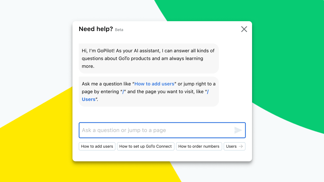Screen showing a chat conversation with GoTo Connect's in-built AI assistant, Admin GoPilot.
