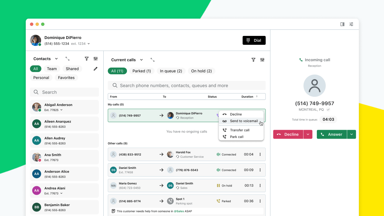 Screen showing the centralized call management dashboard on GoTo Connect's Attendant Console.