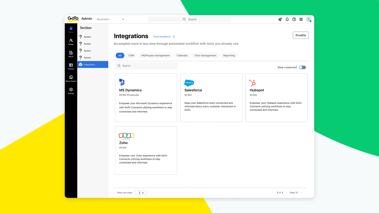 Screen showing the Integrations tab on GoTo Admin with the option to connect with multiple CRM tools.