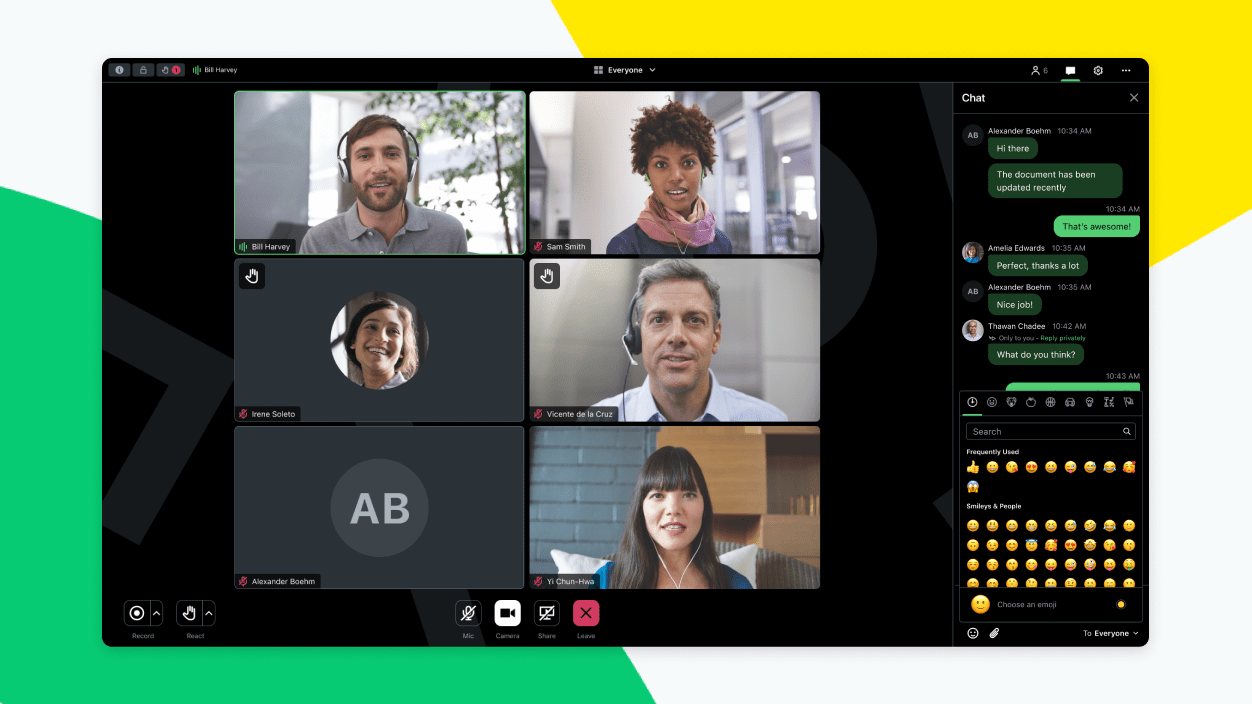 Screen showing a GoTo Meeting video conference and upgraded chat panel with emojis.