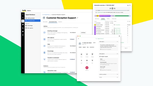 Screen showing GoTo Connect's AI Receptionist dashboard for automating calls and customer service interactions.