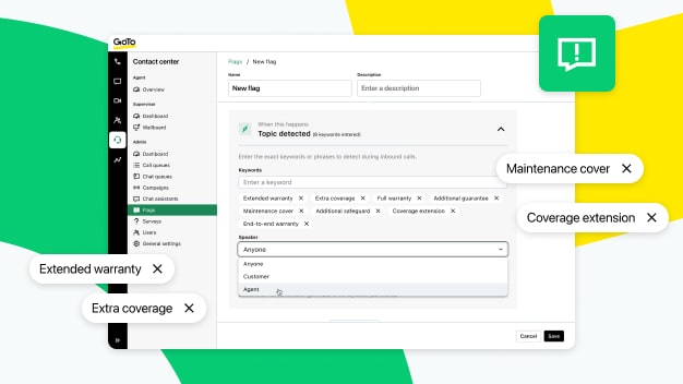 Contact Center screen with AI Topic Flag Detection highlighting speaker insights and flagged phrases.