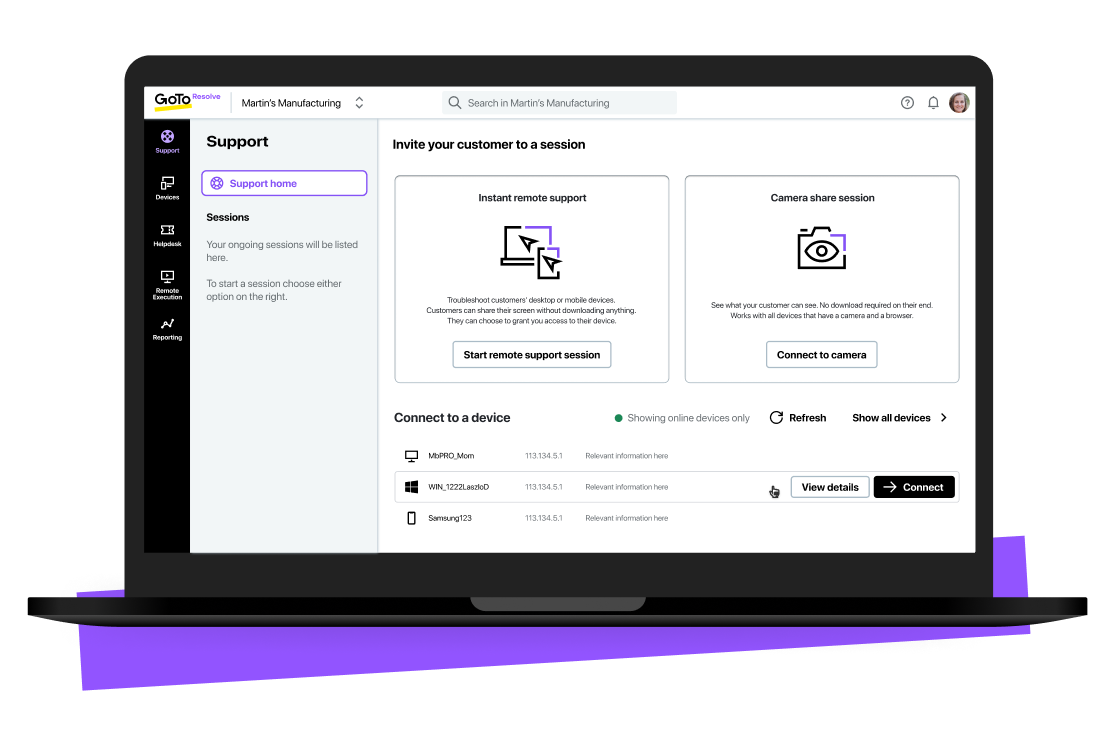 View of GoTo Resolve’s remote access dashboard.