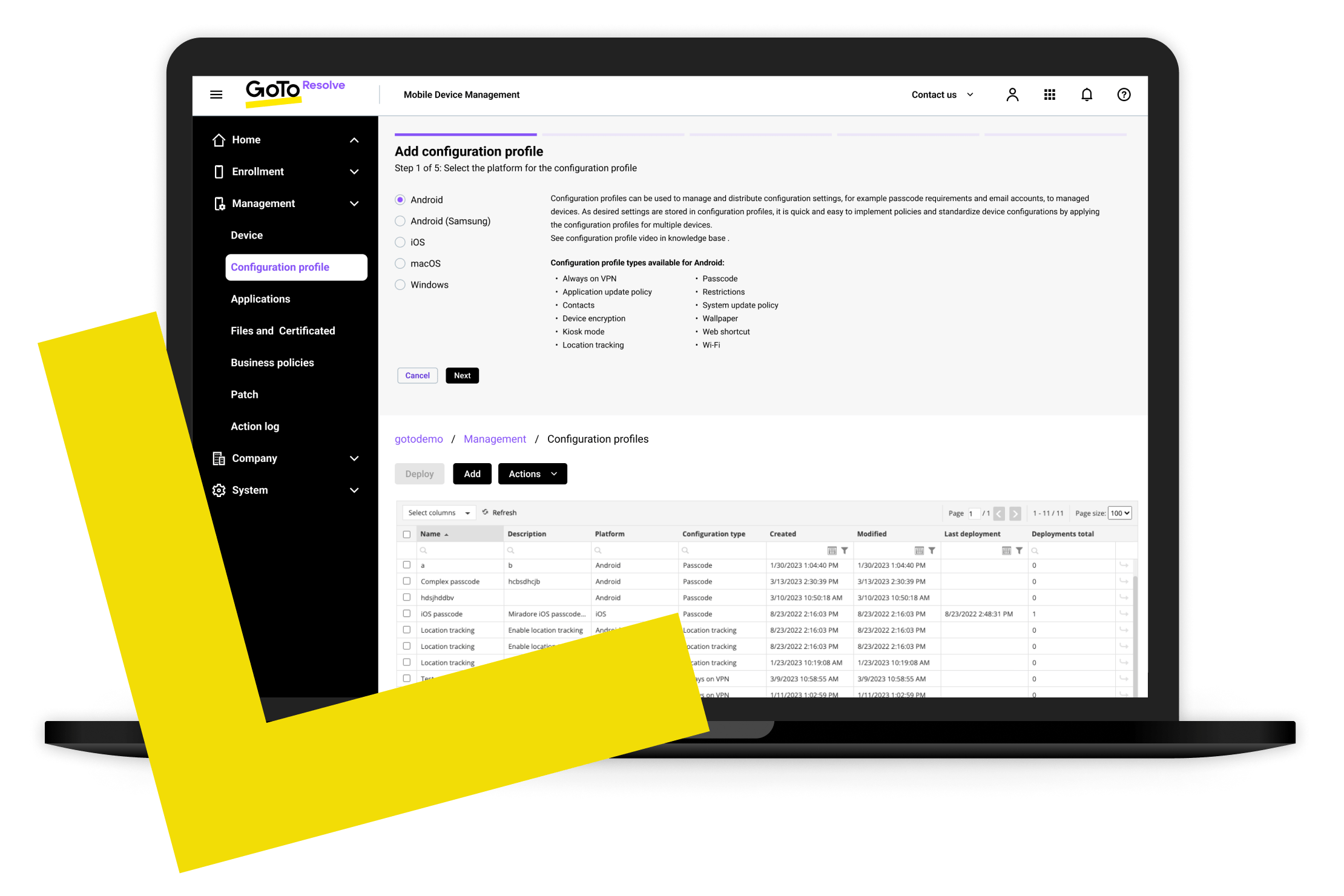 Interface do usuário da solução de MDM do GoTo Resolve com ajustes de perfil de configuração, como inventário de dispositivos, restrições e configurações e gerenciamento de aplicativos e conteúdos.